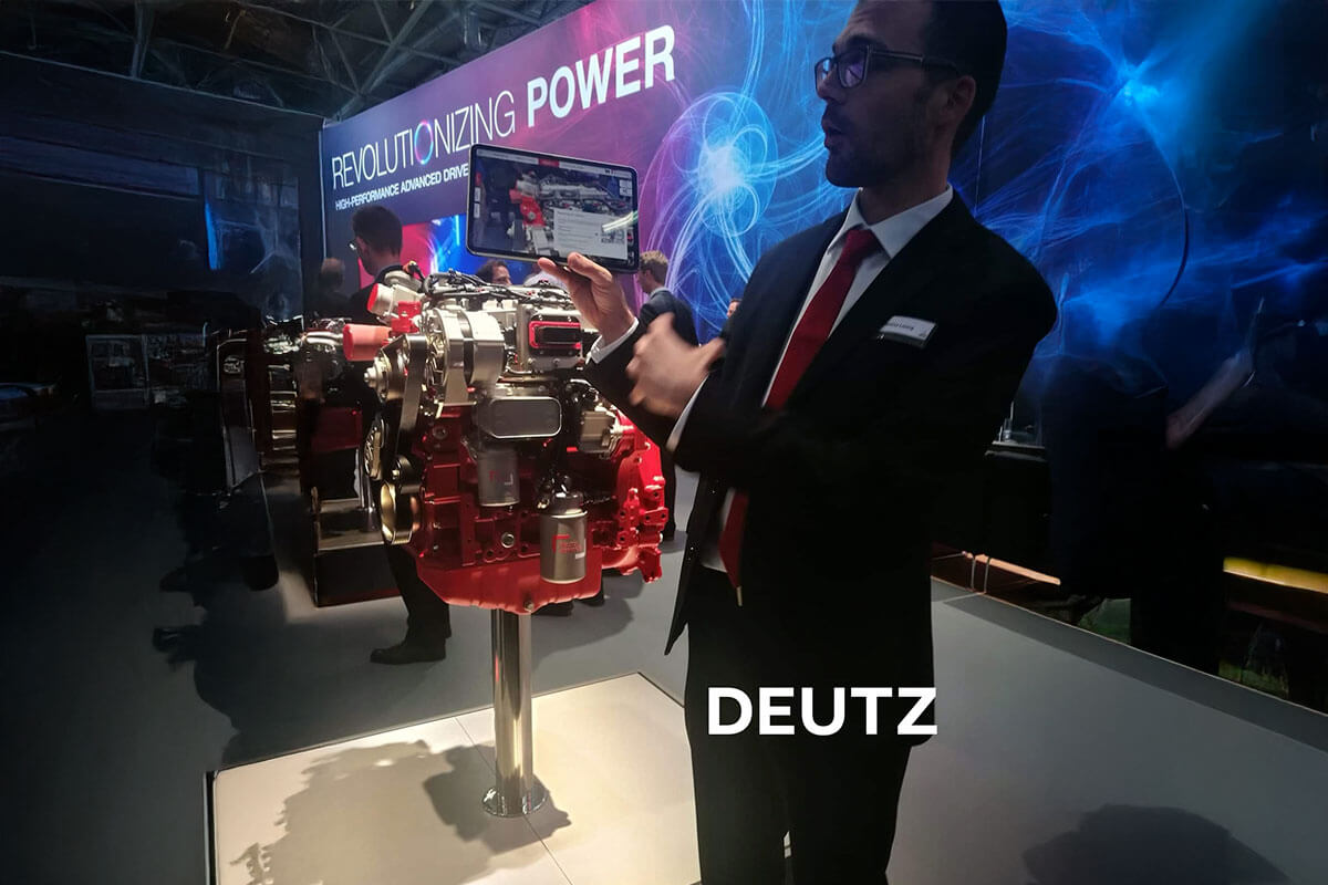 Demonstração de motor DEUTZ durante a feira BAUMA 2019, destacando inovação e alta performance em soluções industriais.